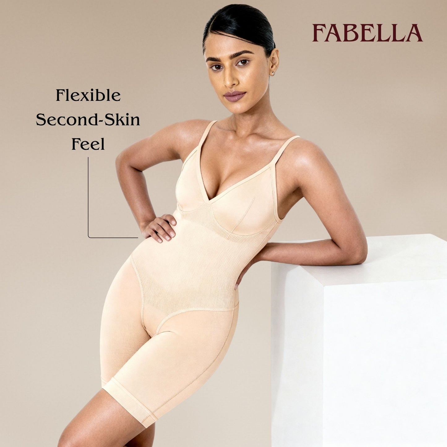 Body Shaping Mid Thigh Bodysuit - Beige